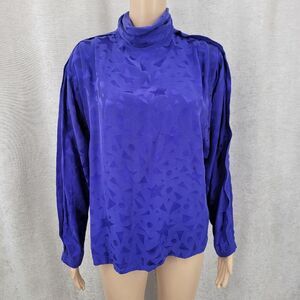 Regina Porter Vintage 80s Silk Blue Star Pattern Jacquard Women's Top Blouse